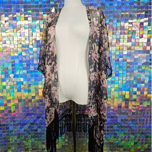 Made Floral‎ Print Sheer Kimono Duster Black Pink Fringe Lace Trim OS